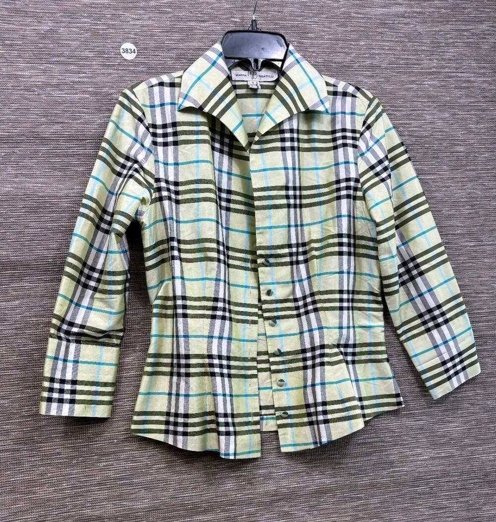 Marisa Baratelli 100% Thai Silk Plaid Button Up Blouse Women's 6 Evening Boho